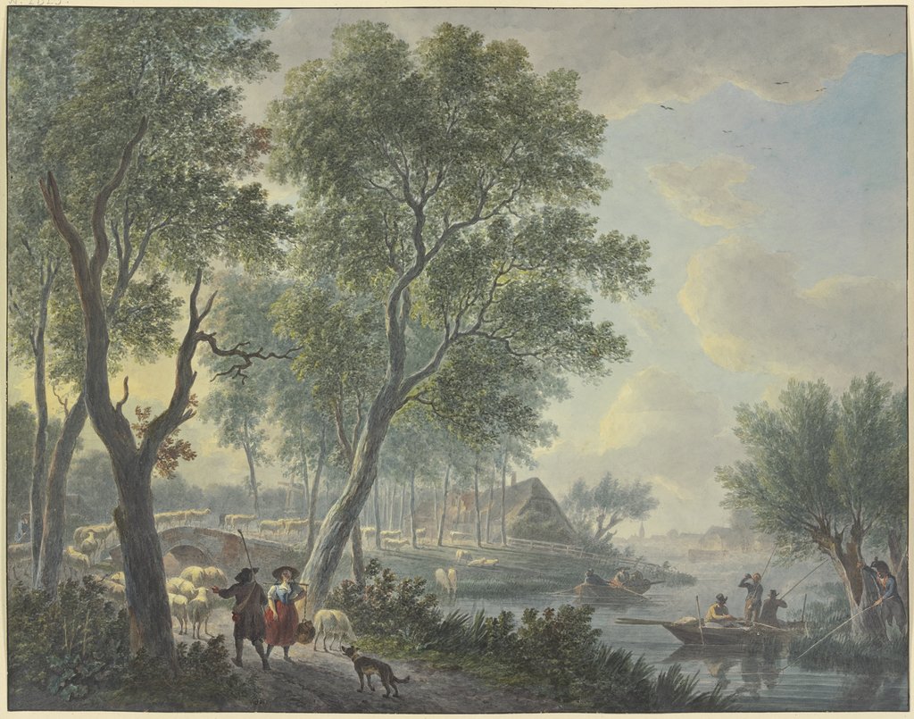 Links begegnet ein Schafhirte einem Milchmädchen, rechts in einem Kahn drei Fischer, und einer in Uniform hinter einem Weidenbaum, Abraham Teerlink