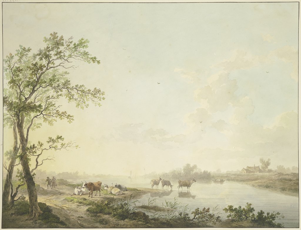 Nebliger Morgen an einem Flusse, am Ufer sieben Kühe, zum Teil im Wasser stehend, Abraham Teerlink