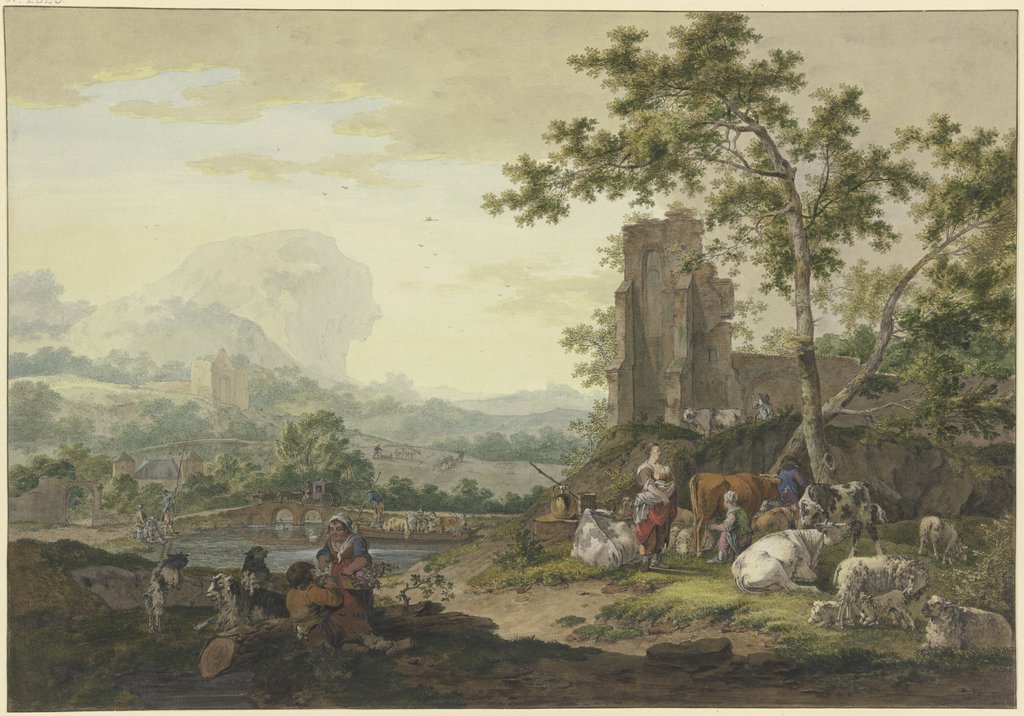 Landschaft, rechts eine Ruine, dabei eine Gruppe von Vieh mit Hirten, eine Frau melkt eine Kuh, der die Beine zusammengebunden sind, links ein Hirtenknabe mit einem Vogelnest und ein Mädchen mit einem Korb mit Blumen, Bernhard Heinrich Thier
