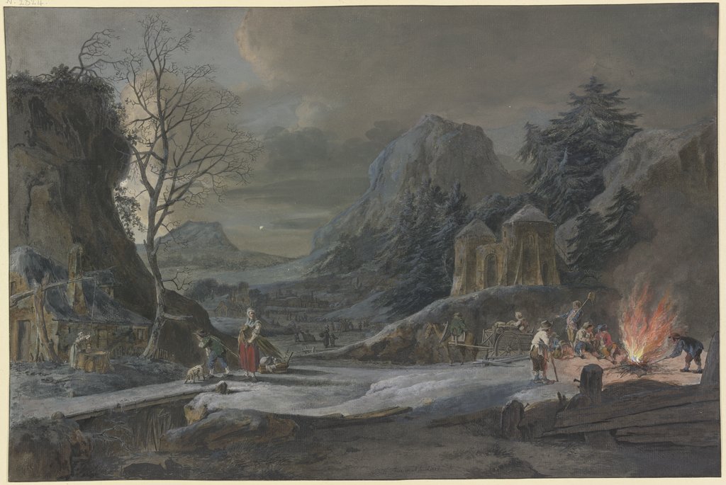 Winterlandschaft im Mondschein, rechts unterhalten Bauern ein großes Feuer, Bernhard Heinrich Thier