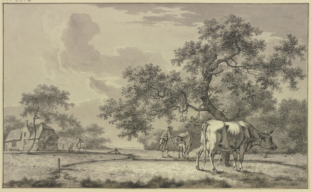 Unter einem Baum ein Bauer bei zwei Kühen, Bernhard Heinrich Thier