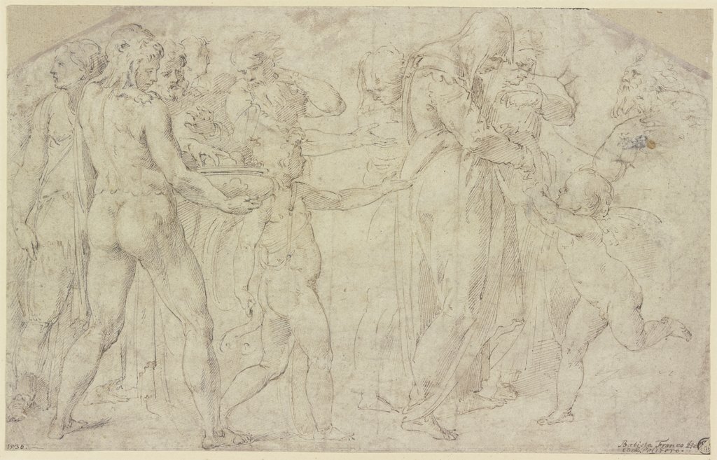 Herkules mit den Äpfeln der Hesperiden (?), eine Priesterin (?) mit herbei eilendem geflügelten Putto, Parmigianino;   ?
