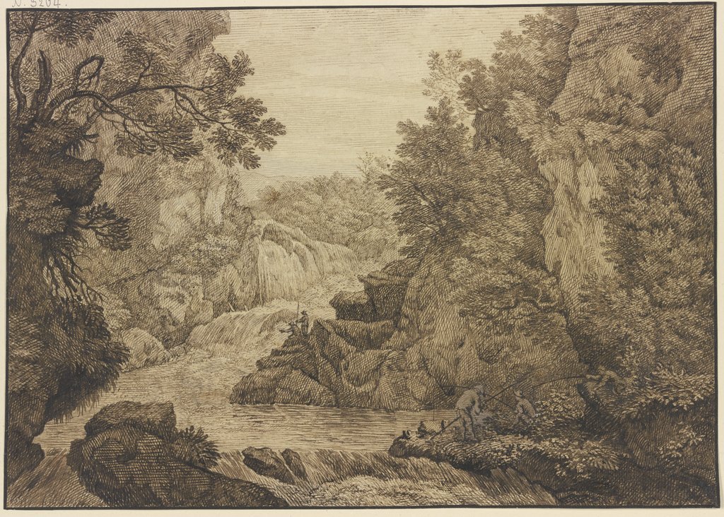 Wasserfall, im Vordergrund drei Angler, Isaac de Moucheron