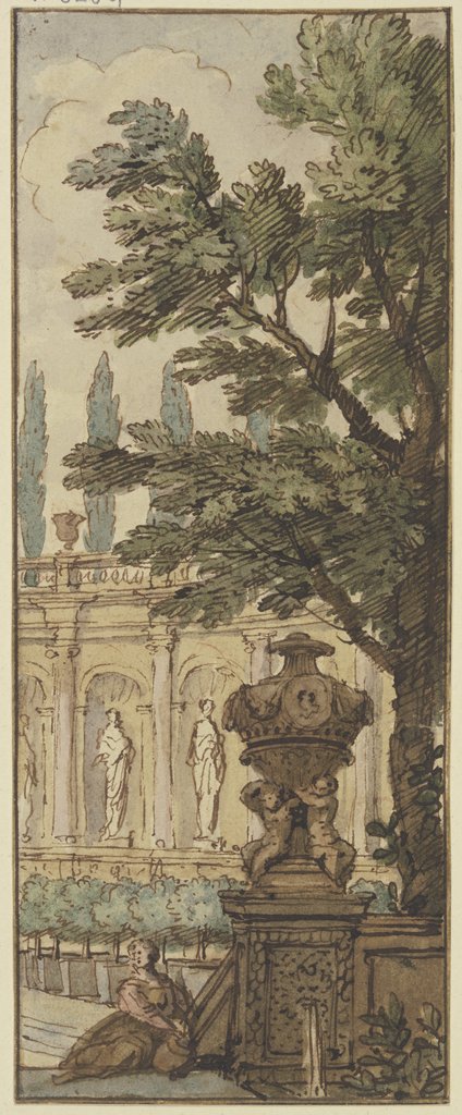 Panneau, im Vordergrund eine Vase, im Hintergrund ein Orangeriegebäude, Isaac de Moucheron