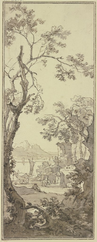 Aussicht auf einen Fluss an welchem Gebäude und ein Brunnen stehen, ein Reiter tränkt sein Pferd, Isaac de Moucheron