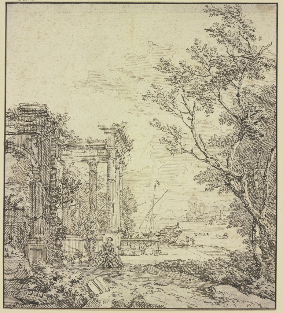 Antike Trümmer an einem Fluss, links eine Sphinx, Isaac de Moucheron