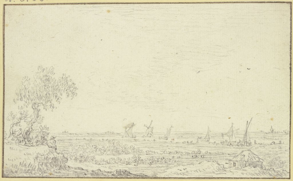 Landschaft mit Windmühlen und einem Fluss mit Schiffen, Jan Porcellis;   ?