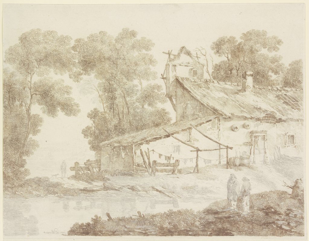Ärmliches Bauernhaus an einem Gewässer, mit aufgehängter Wäsche, Jean Pillement