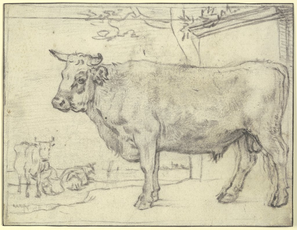 Stier nach links, hinten zwei Kühe und eine Melkerin, Paulus Potter