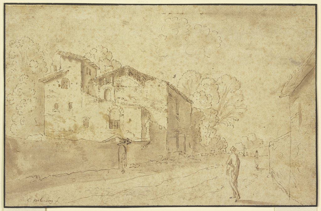 Landstraße an italienischen Gebäuden vorbeiführend, Cornelis van Poelenburch
