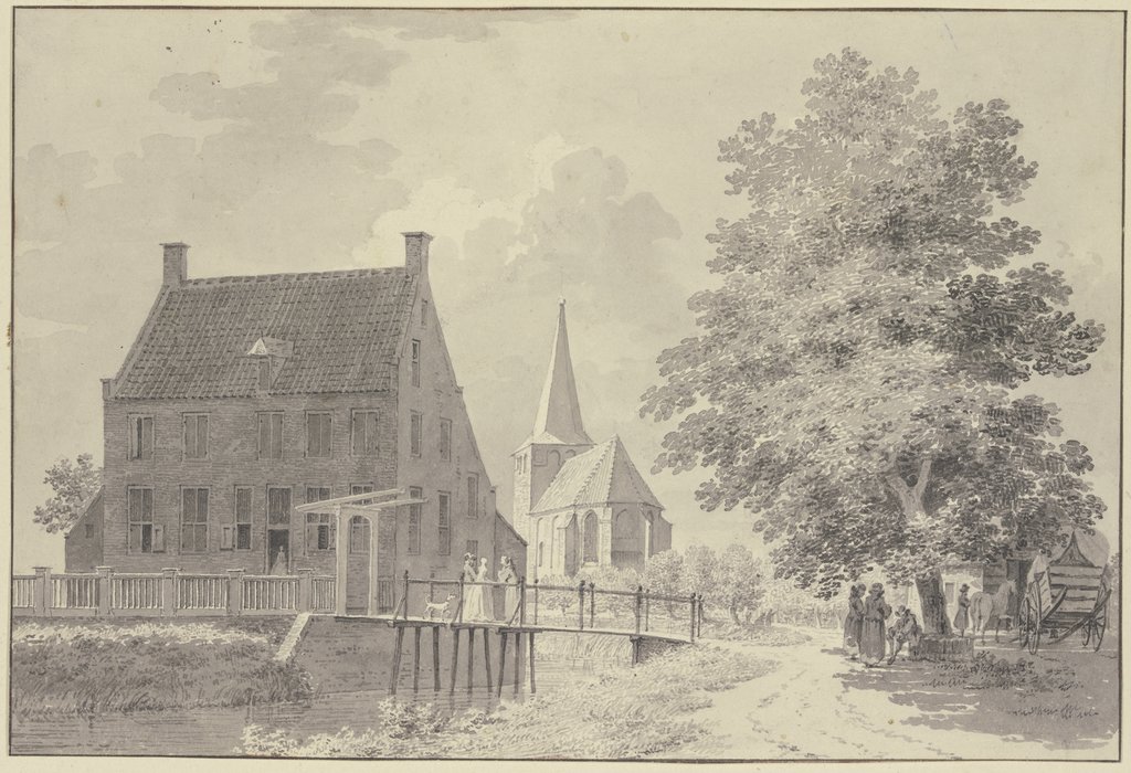 Haus mit Wassergraben und Steg, hinten die Kirche, rechts ein Baum, unter welchem ein Wagen und mehrere Figuren stehen, Cornelis Pronk