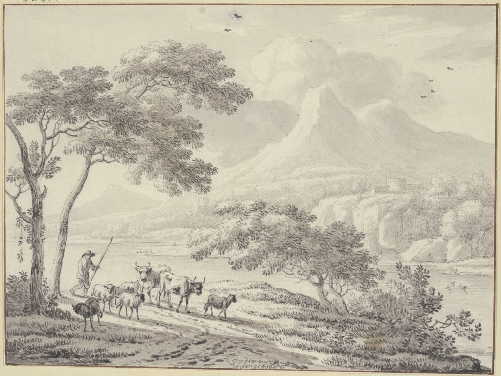An einem Fluss hoher Gebirge, links unter einer Baumgruppe zwei Kühe und Schafe mit einem Hirten, Jan Vermeer van Haarlem d. Ä.