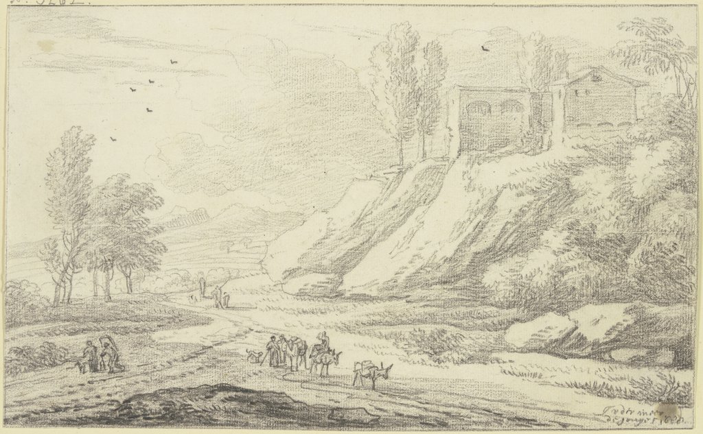 Rechts am Weg Hügel mit Gebäuden, auf demselben Eselstreiber und andere Figuren, Jan Vermeer van Haarlem d. Ä.