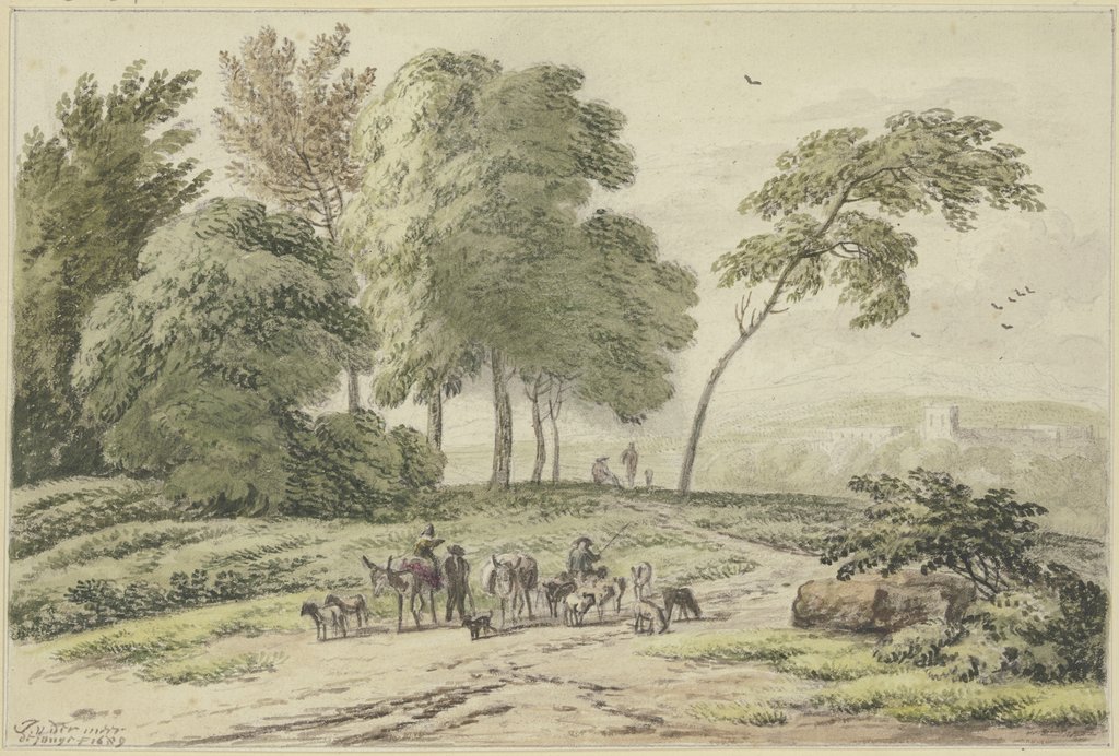 An einer Baumgruppe zwei Eselstreiber von hinten, Jan Vermeer van Haarlem d. Ä.