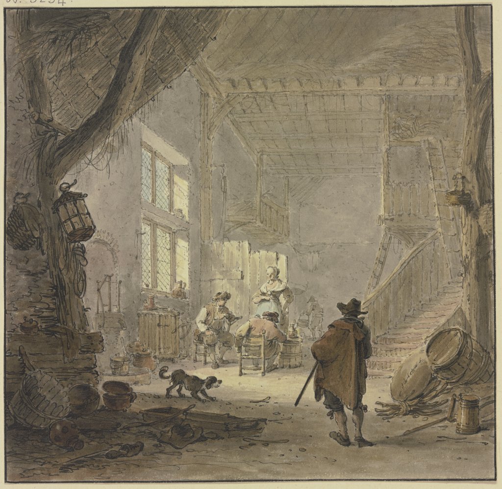 Das Innere eines Hauses, am Fenster zwei Männer und eine Frau, im Vordergrund ein Mann von hinten, Hendrik Meyer