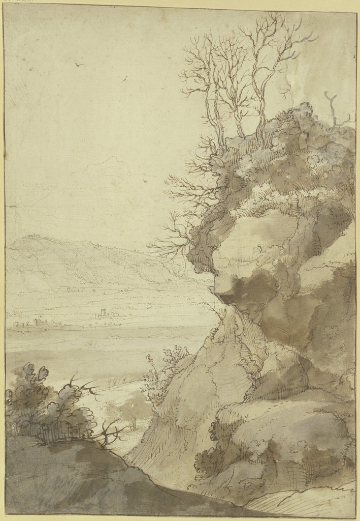 Landschaft, rechts eine große Felspartie mit dürren Bäumen, Hendrick Mommers