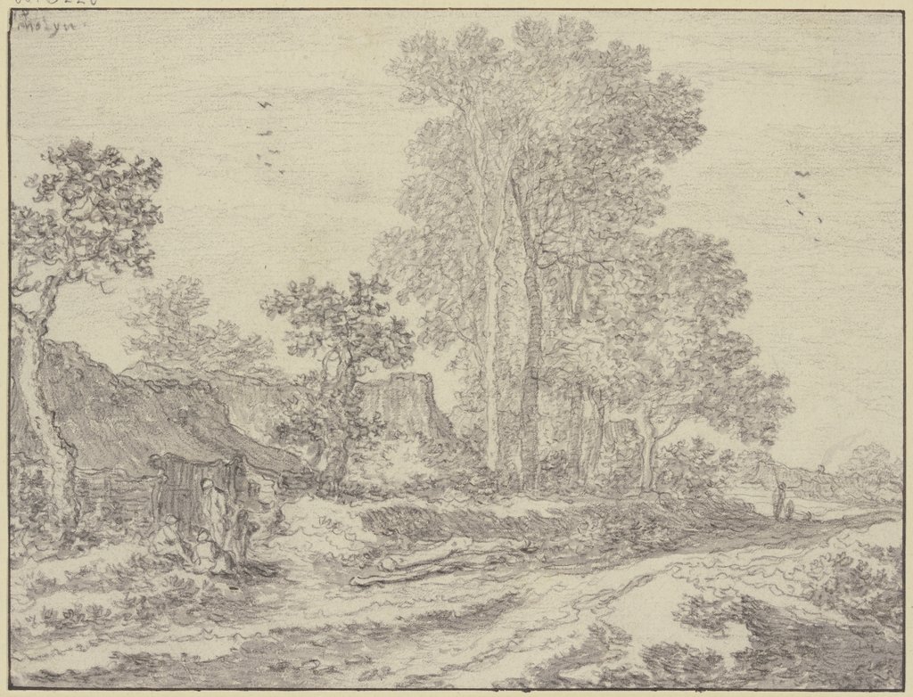 An einem Weg Hütten unter Baumgruppen, links eine Figurengruppe, Pieter Molyn d. Ä.