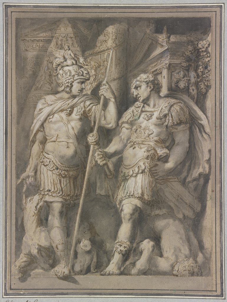 Zwei römische Soldaten nach der Fassadenmalerei am Palazzo Milesi in Rom, Polidoro da Caravaggio;   ?