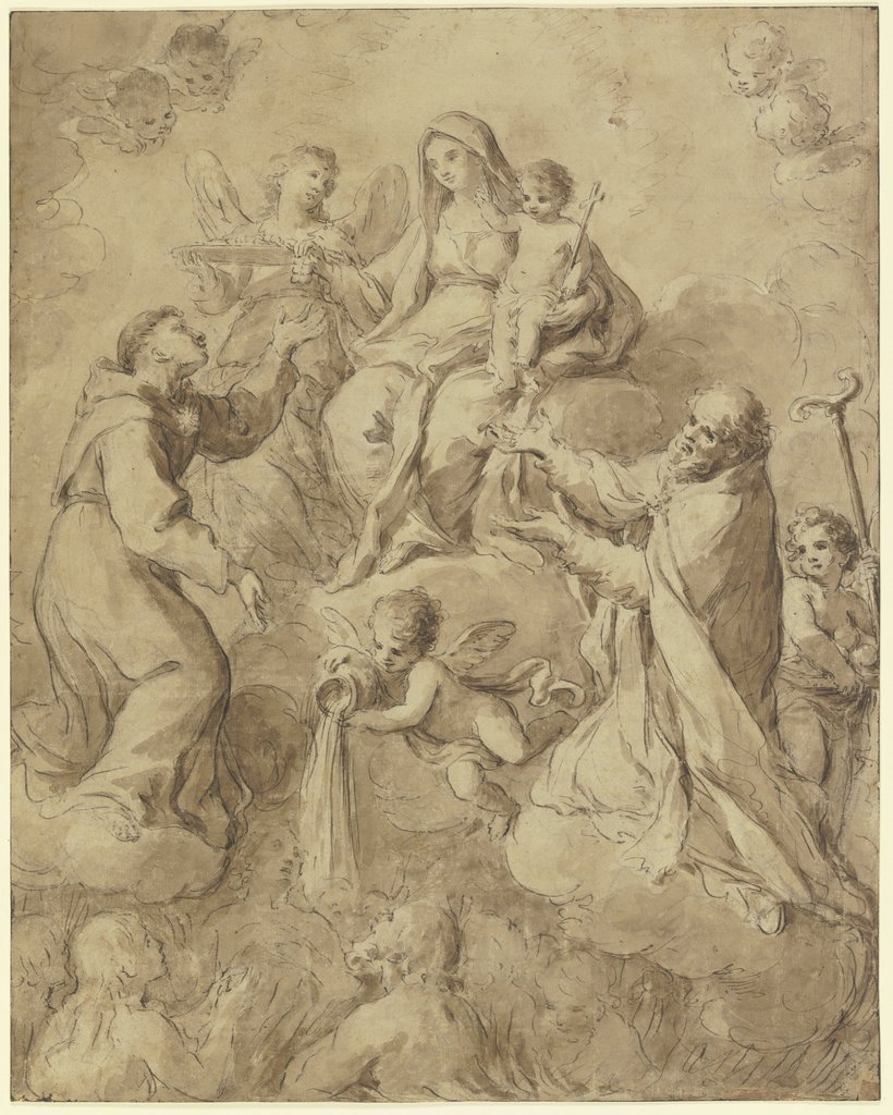 Die Muttergottes mit dem Jesuskind von Heiligen und Engeln umgeben, ein Engel gießt Wasser aus, Antonio Balestra