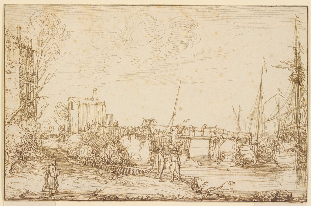 Zwei Schiffe liegen bei einer Brücke, links auf dem Wege mehrere Figuren, Cornelis Claesz. van Wieringen