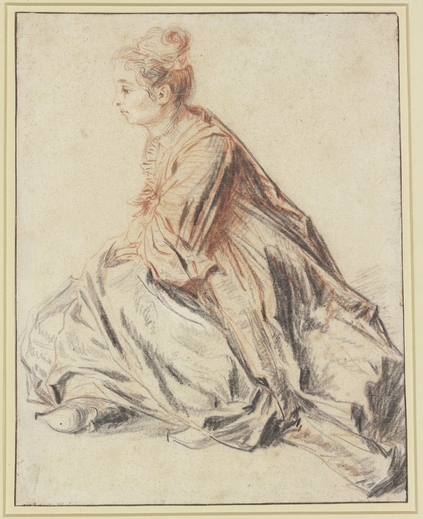 Auf dem Boden sitzende junge Frau im Profil nach links, Jean-Antoine Watteau;  Nachahmer