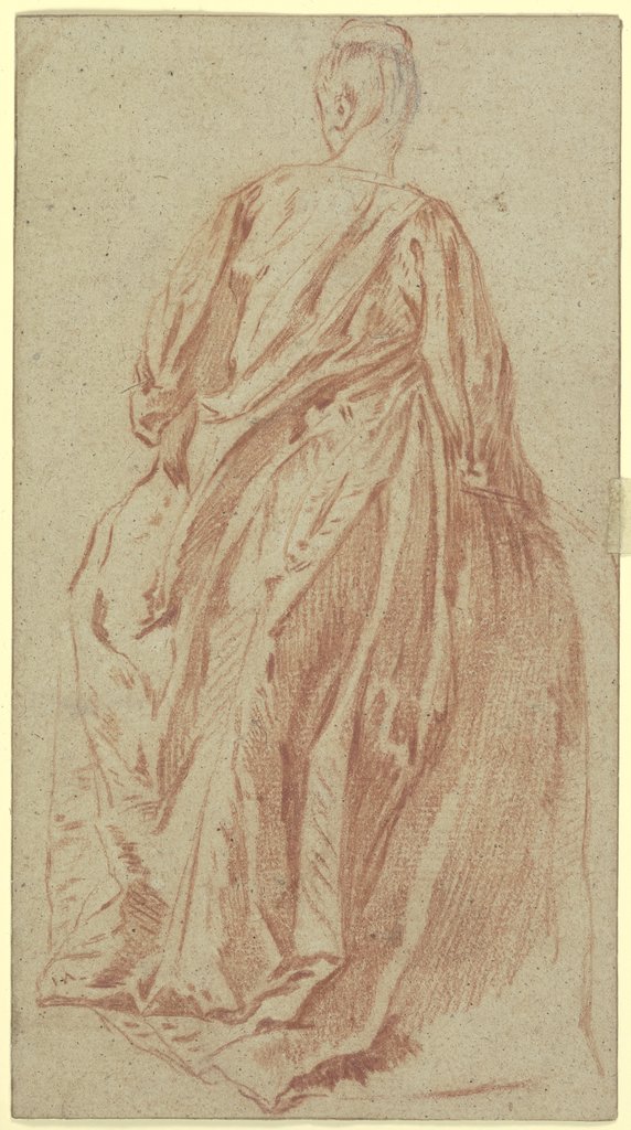 Dame in Rückansicht, den Kopf im verlorenen Profil nach links gewandt, Französisch, 18. Jahrhundert, nach Jean-Antoine Watteau