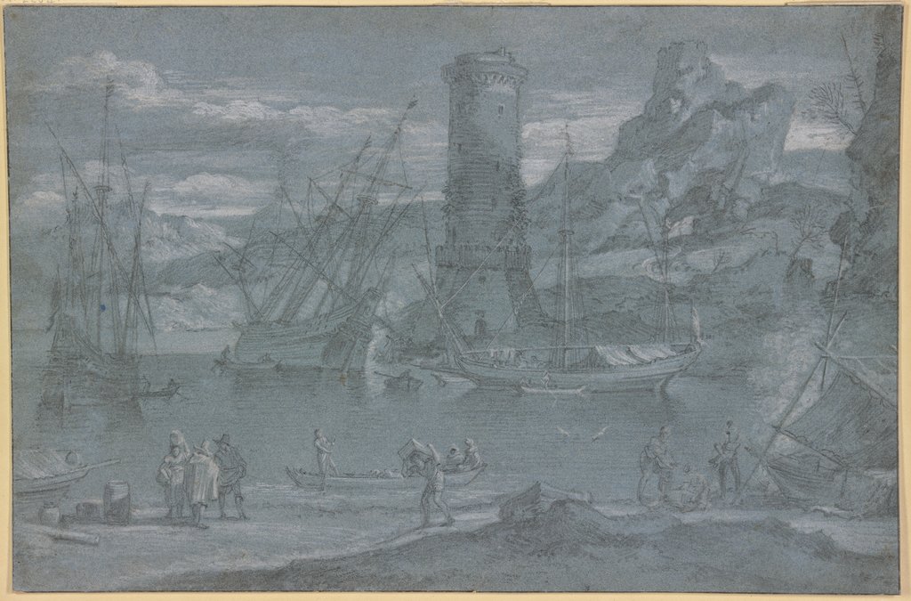 Seehafen, bei dem Leuchtturm liegt ein Schiff auf der Seite, um repariert zu werden, Abraham Willaerts