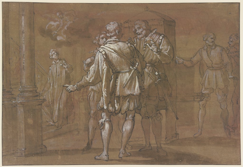 Auf der Treppe eines Palastes wird ein Mann von einem Heiligen aus den Wolken angerufen, vorne eine Sänfte und mehrere Männer von vornehmem Stand, Jacopo Ligozzi;   ?