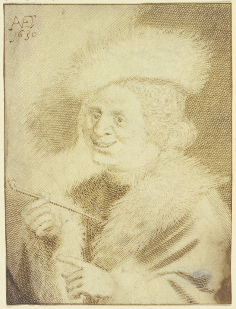 Ein Mann mit Pelzmütze und Pelzrock lachend eine Pfeife haltend, Jan van de Velde II
