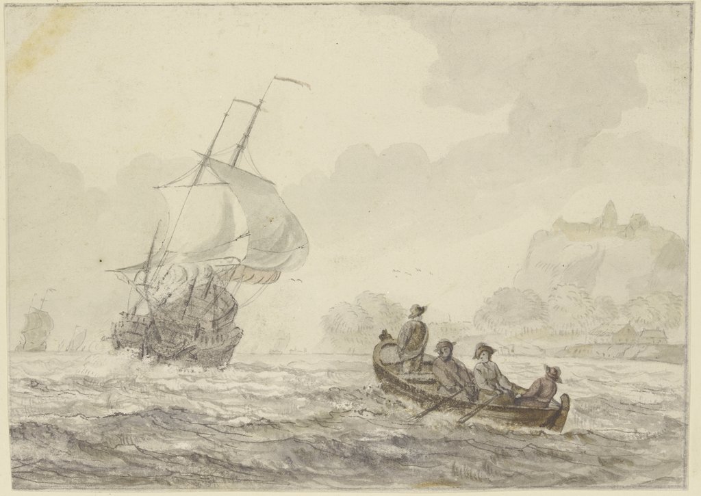 Bewegte See, links segelt ein großes Schiff, rechts ein Ruderboot mit vier Mann, Wigerus Vitringa