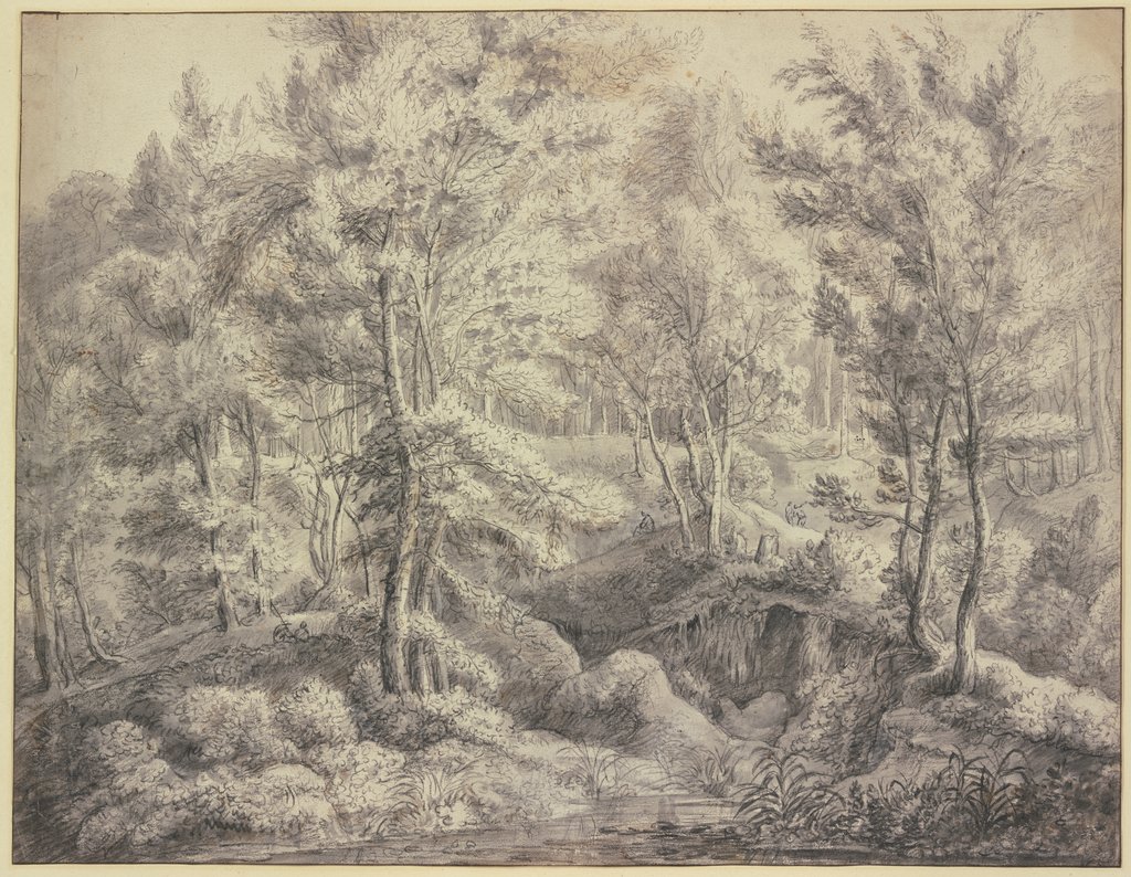 Sumpfige Waldpartie, im Vordergrund Wasser, an dessen Uferböschung fünf Figuren sich aufhalten, Art des Anthonie Waterloo