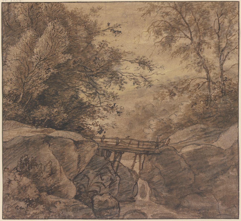 Waldbach, der über Felsen stürzt, über die eine Holzbrücke führt, Anthonie Waterloo