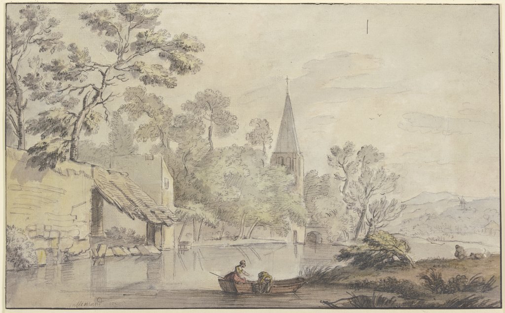 Kirchturm und einige Gebäude an einem Wasser, vorne zwei Frauen in einem Kahn, Jean-Baptiste Lallemand