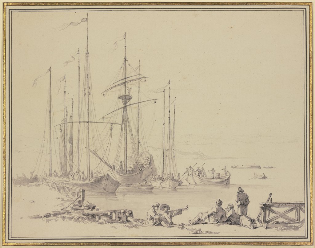 Anlandende Schiffe, am Ufer lagernde Männer, Jean-Baptiste Le Prince