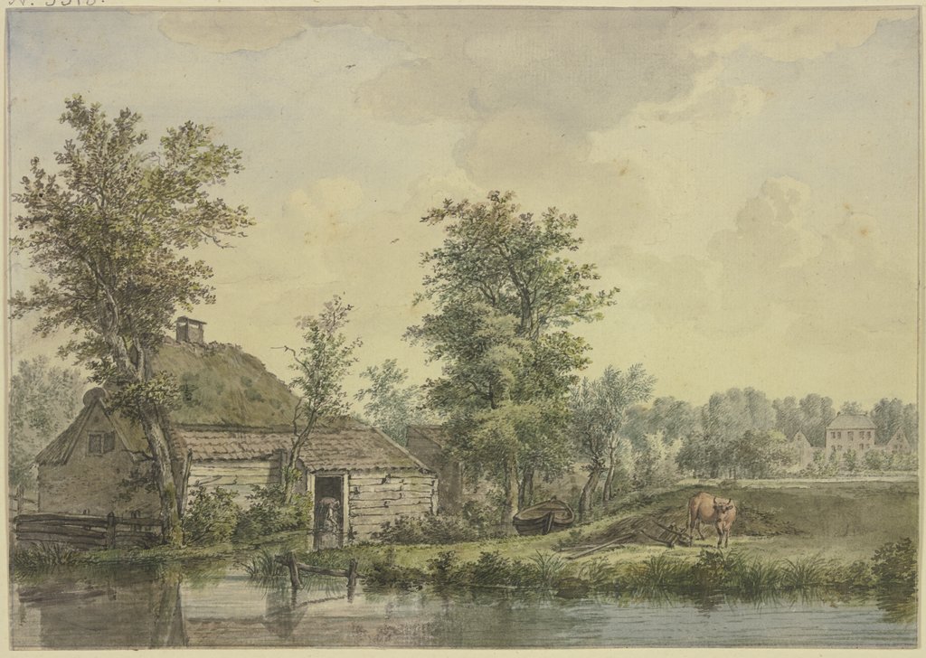Bauernhaus am Wasser, bei einem Schubkarren eine Kuh, Jacobus van Liender