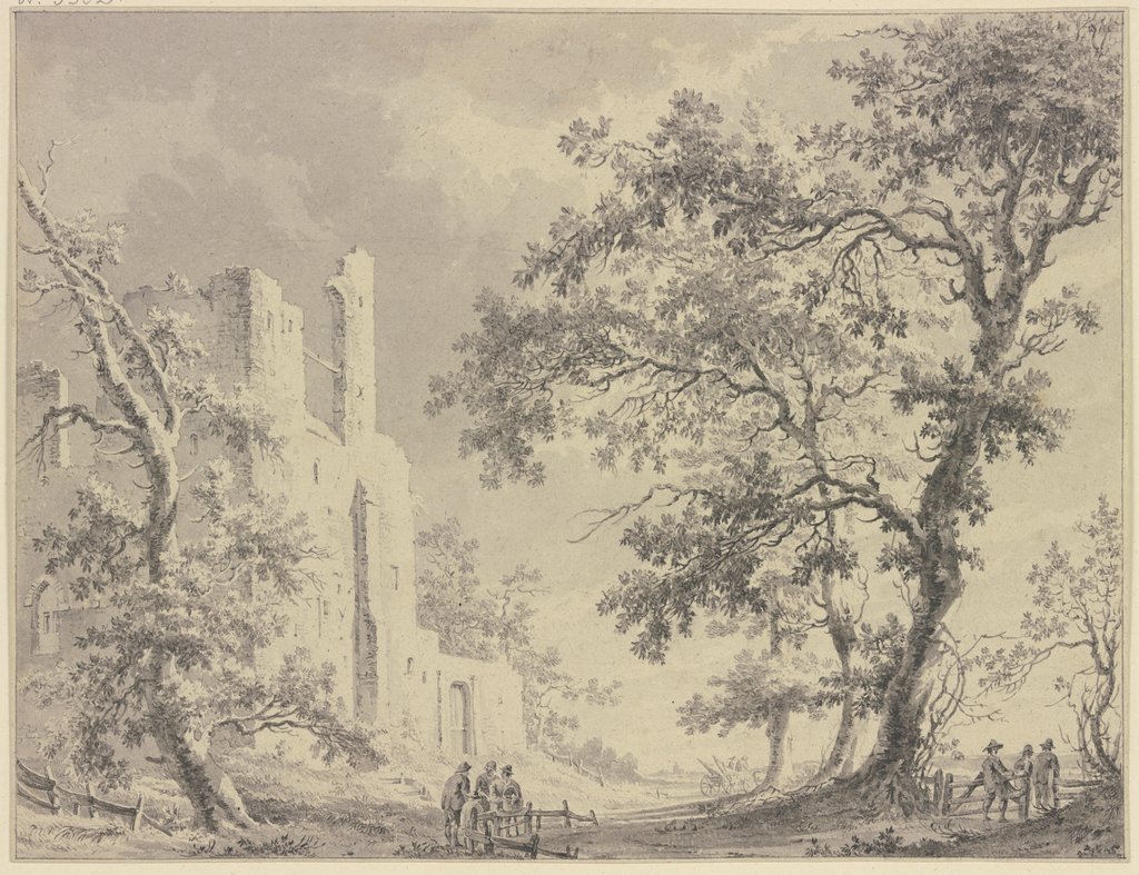 Links eine Ruine, rechts hohe Bäume mit einem Zaun, an welchem verschiedene Personen stehen, Paulus van Liender