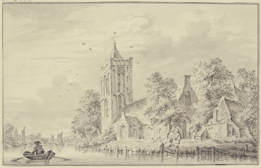 Dorfkirche am Wasser, links rudert ein Mann einen Kahn, Paulus van Liender
