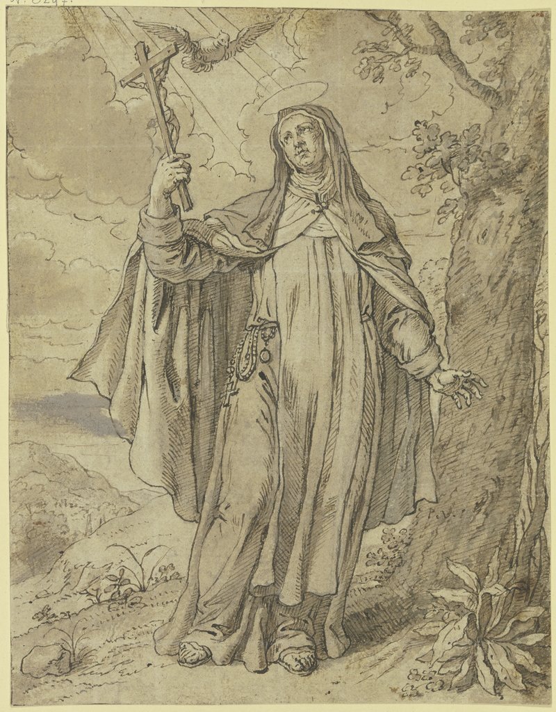 Eine heilige Nonne hält das Kruzifix in der Hand, der Heilige Geist schwebt über ihr, rechts ein Baum, Pieter van Lint