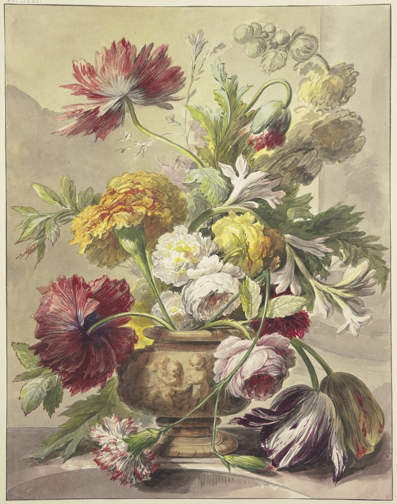 Blumenstrauß in einer Vase mit Basrelief von Mohn, Rosen, Tulpen, quer über der Vase hängt eine geknickte Nelke, J. H. van Loon