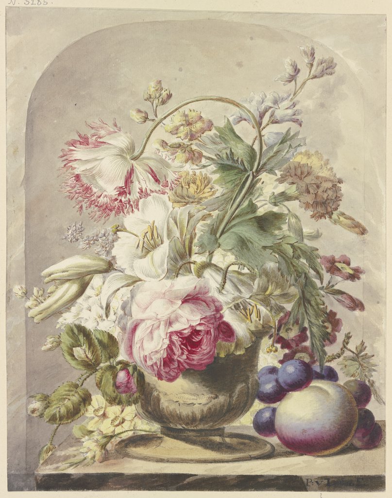 Bouquet in einer Vase, vorne rechts ein Pfirsich und einige Trauben, J. H. van Loon, Pieter van Loo;   ?
