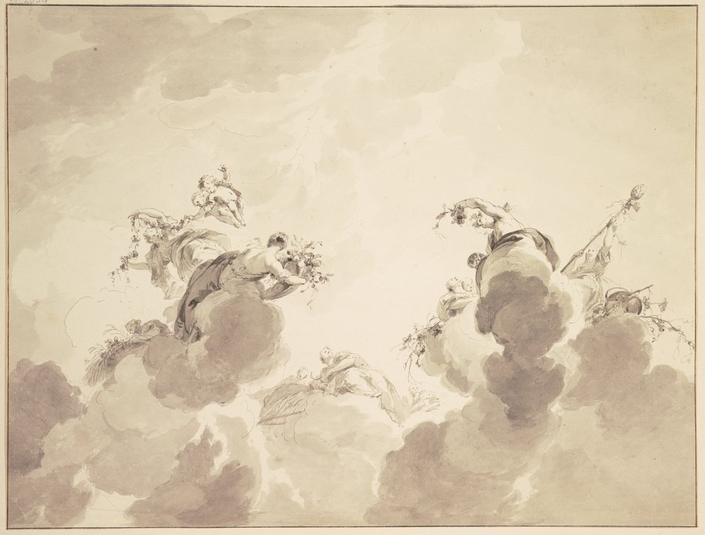 Bacchus, Ceres und Flora mit Gefolge in Wolken schwebend, Jacob de Wit