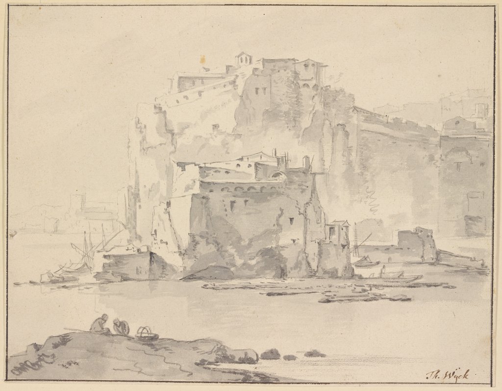 Befestigte Stadt auf hohem Felsen am Meer, vorne zwei Figuren mit einem Korb, Thomas Wijck