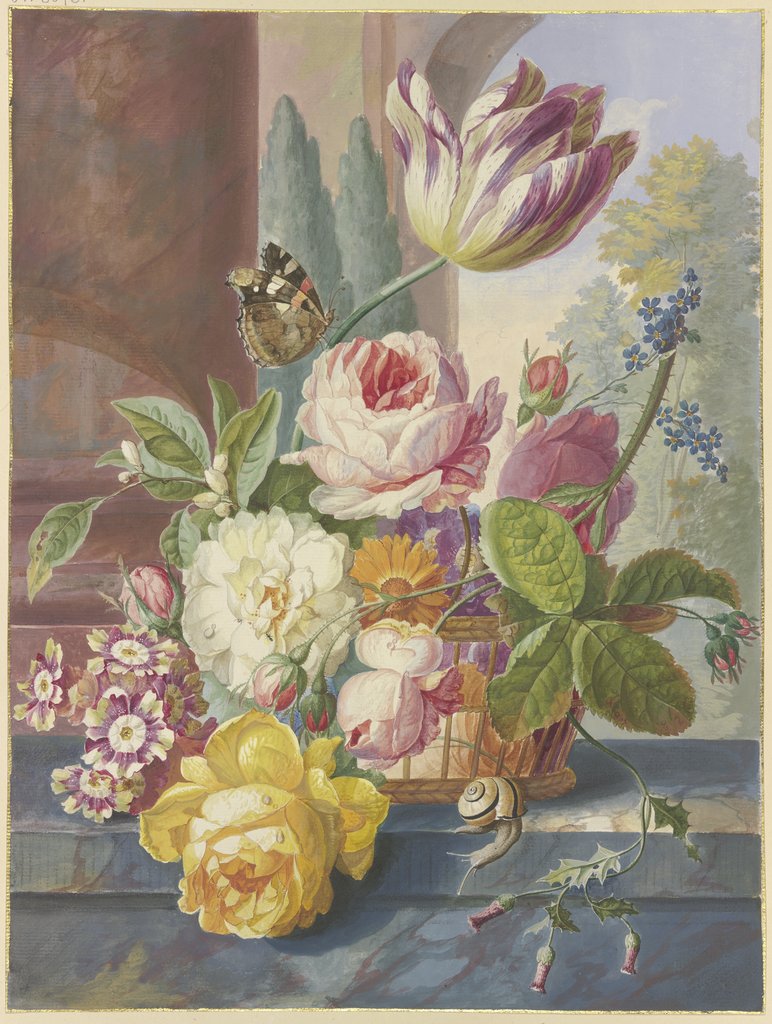 Ein Blumenstrauß in einem Korb, auf einer Tulpe ein Schmetterling, vorne eine Schnecke, Johannes Christiaan Roedig