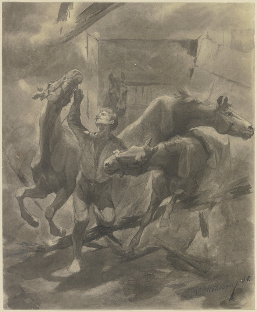 Knecht mit wilden Pferden vor Stall, Wilhelm Altheim
