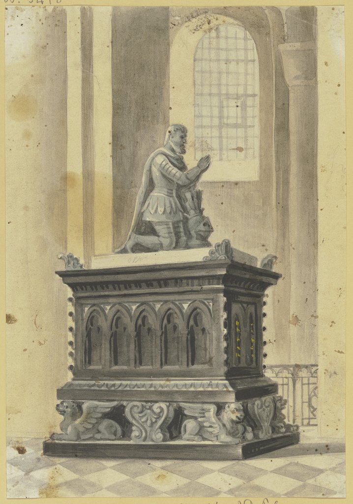 Grabmal in einer Kirche, ein Ritter auf einem Sarkophag kniend, Friedrich von Gärtner