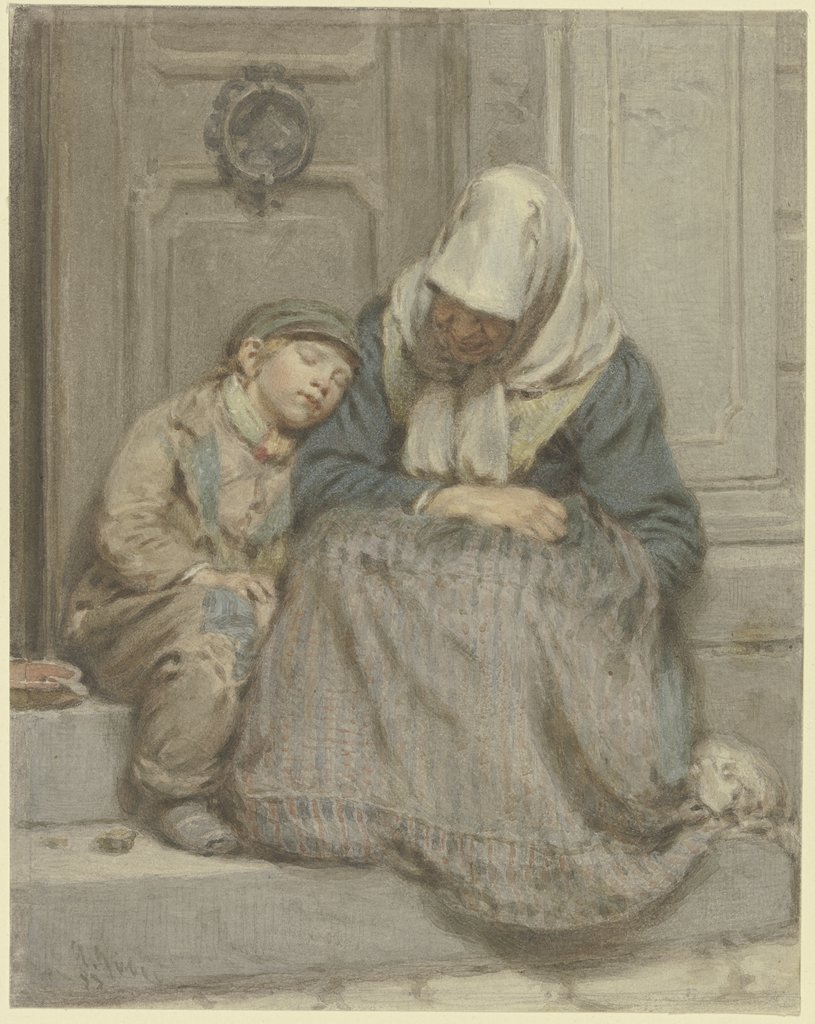 Frau mit Knabe vor einer Türe schlafend, Angilbert Göbel