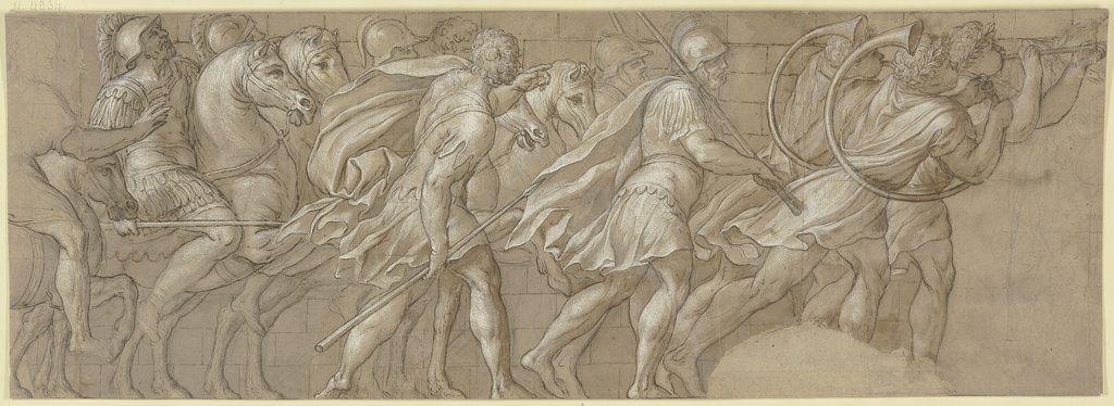 Gefangene werden vor einen Feldherrn gebracht, ihnen folgt das siegreiche Heer mit Musik, Unbekannt, 16. Jahrhundert;   ?, nach Polidoro da Caravaggio