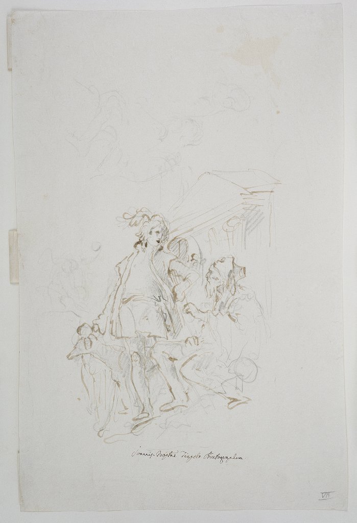 Junger Mann mit Federbarett und Jagdhunden neben einem sitzenden alten Mann mit Hut, Giovanni Battista Tiepolo, Giovanni Battista Tiepolo;  Schule ?