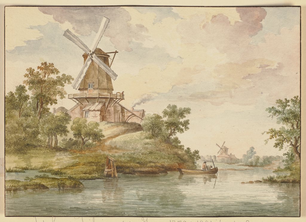 Kleiner Fluß, an dessen Ufer zwei Windmühlen, Jean George Teissier