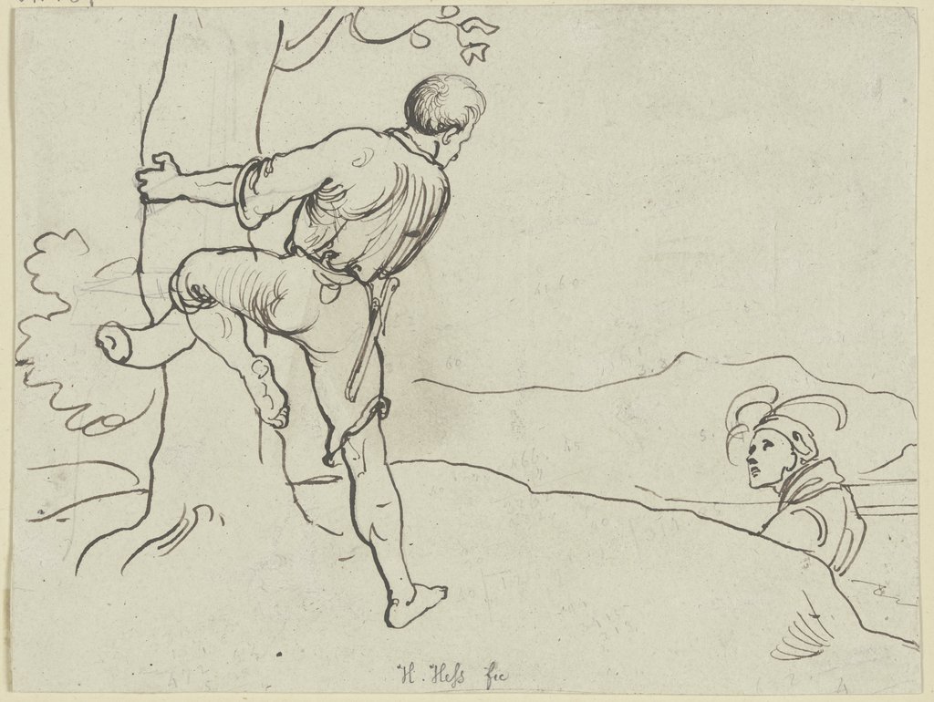 Mann, einen Baum hinaufsteigend, ein weiterer mit auffälliger Kopfbedeckung schaut ihm zu, Hieronymus Hess